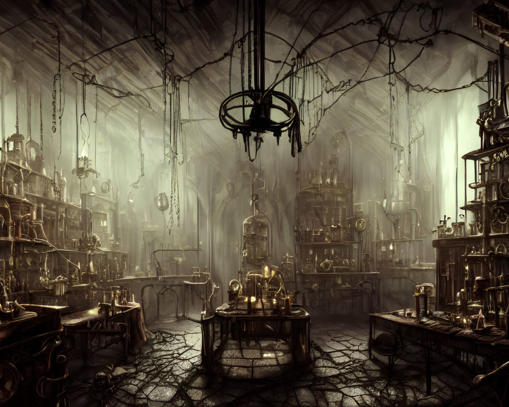 Intricate steampunk laboratory with glowing lamps and hanging chains