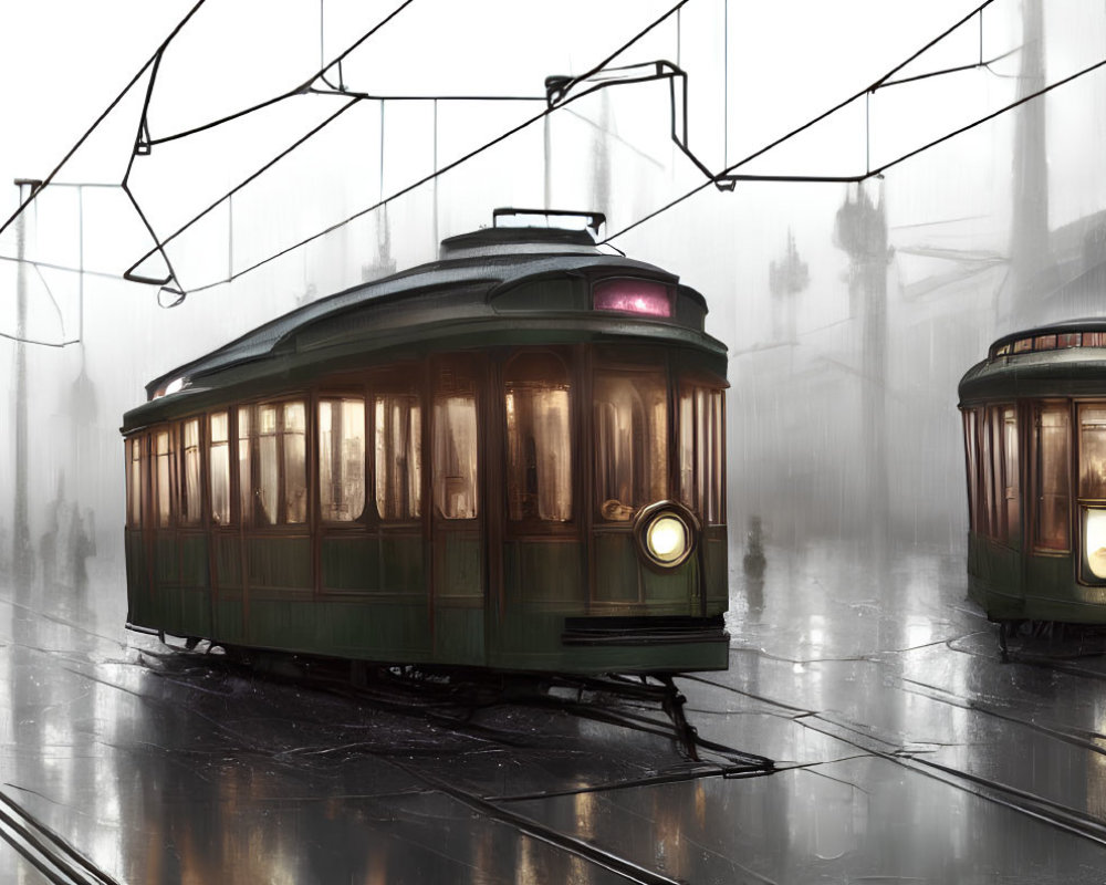 Vintage trams on misty city tracks with glowing lights and wet streets.
