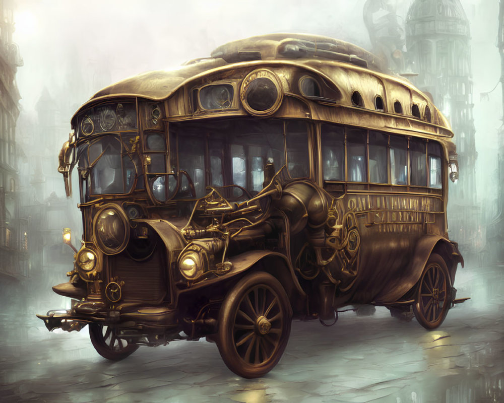 Vintage-styled bus with intricate detailing in foggy, sepia-toned cityscape