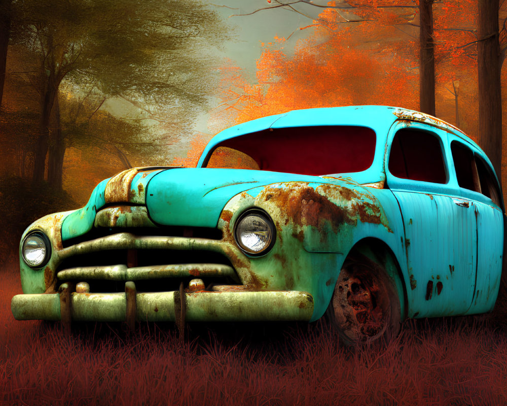 Abandoned vintage turquoise car in forest with orange-red foliage