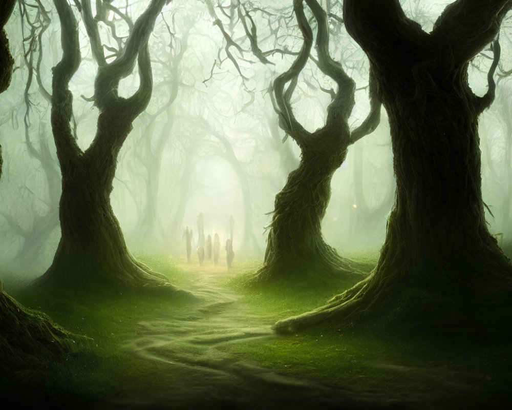 Enchanting misty forest scene with twisted trees and distant silhouettes