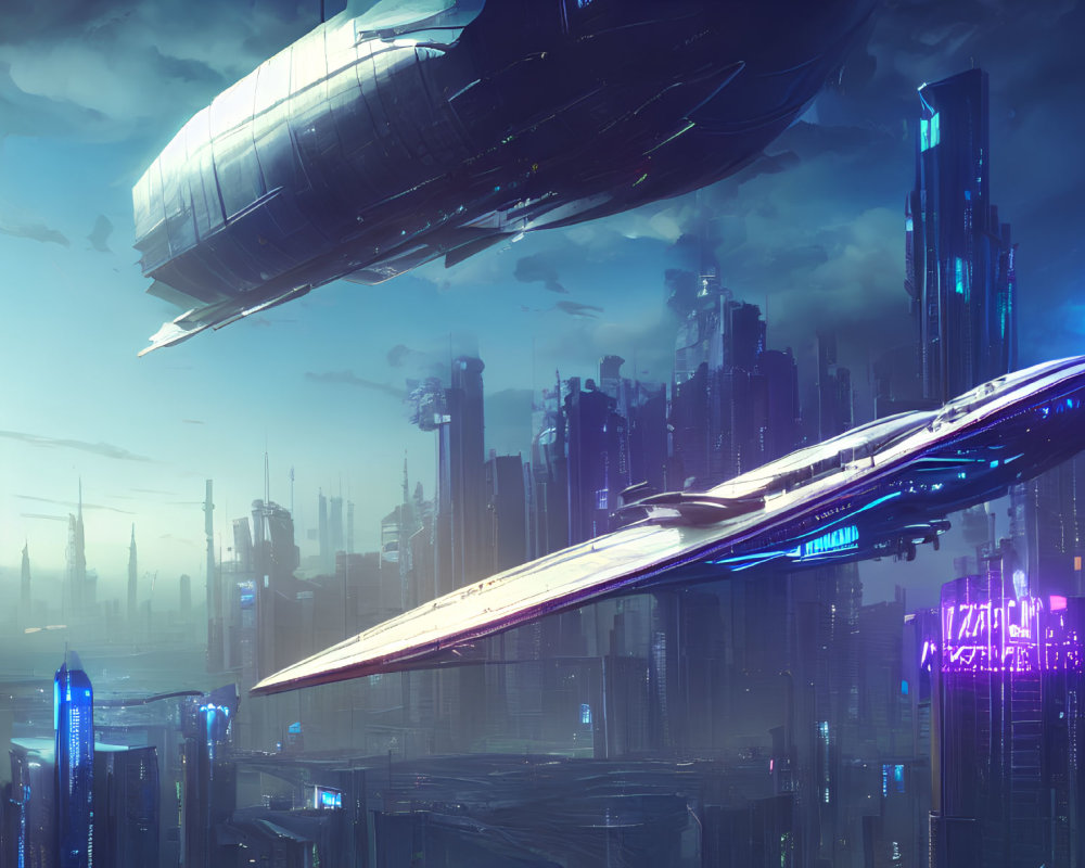Futuristic cityscape with skyscrapers and flying ships in blue sky