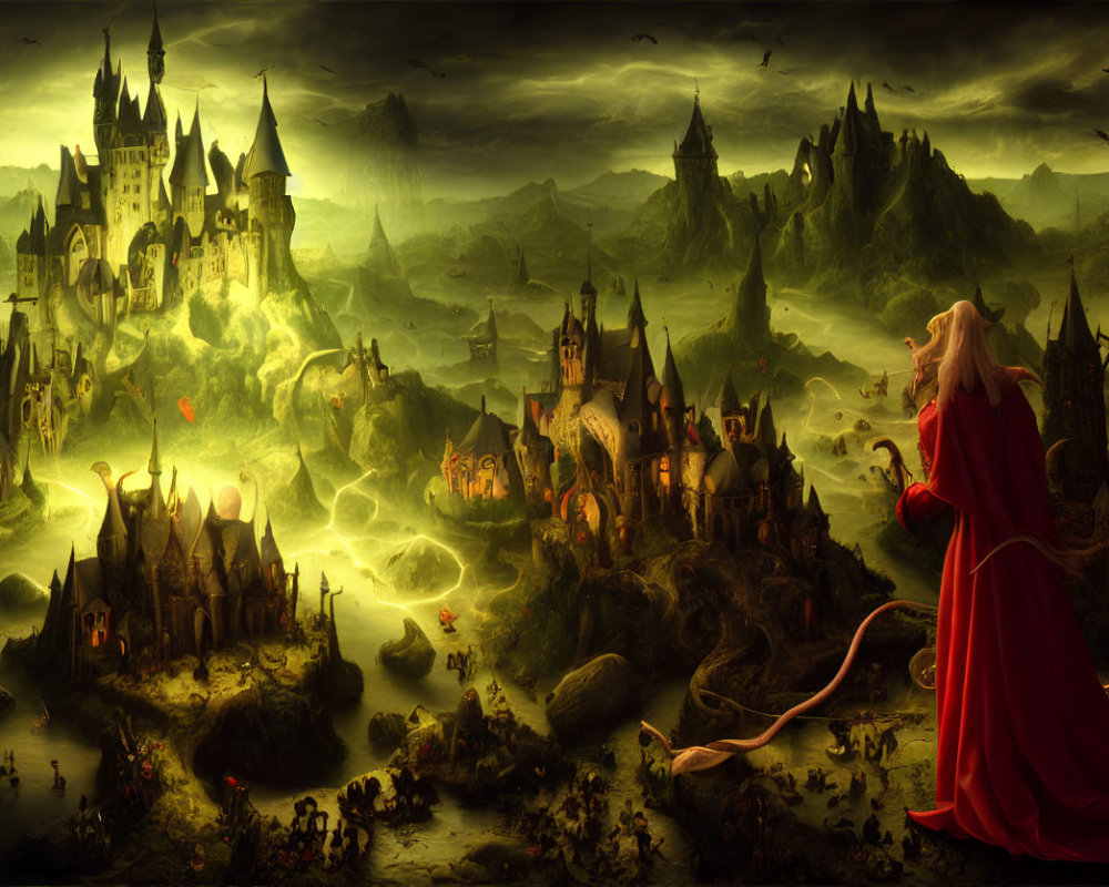 Person in red cloak gazes at fantasy landscape with castles, dragons, and ominous sky