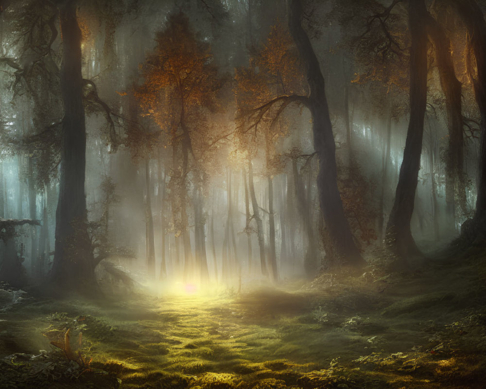 Misty Enchanted Forest with Sunlight and Moss-Covered Ground