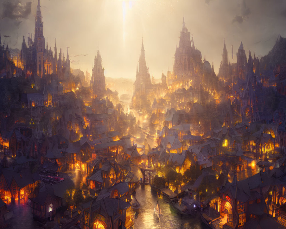 Fantasy cityscape with castles, river, and mystical light at dusk
