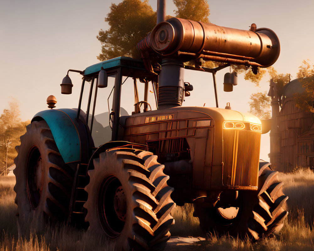 Rusty tractor with large tires in field with barn at golden hour