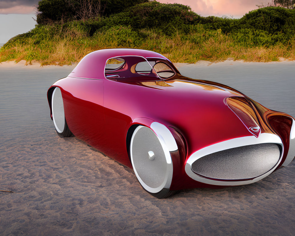 Futuristic red car with circular white doors on sandy beach at dusk