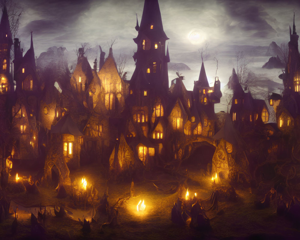 Fantasy Gothic-style landscape at night with full moon and illuminated buildings