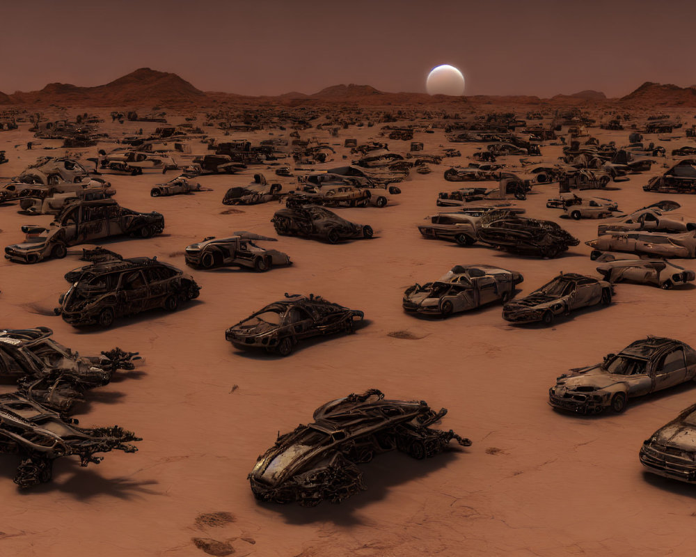 Abandoned cars in vast Martian landscape at sunset
