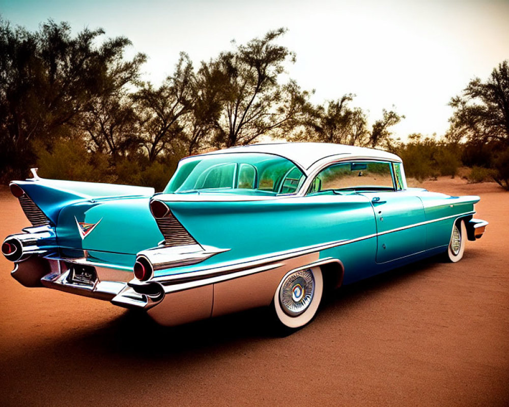 Vintage turquoise car with tail fins on desert road