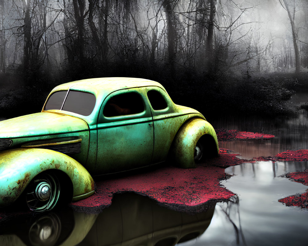 Abandoned vintage car in foggy forest with green paint, red foliage, and water puddle