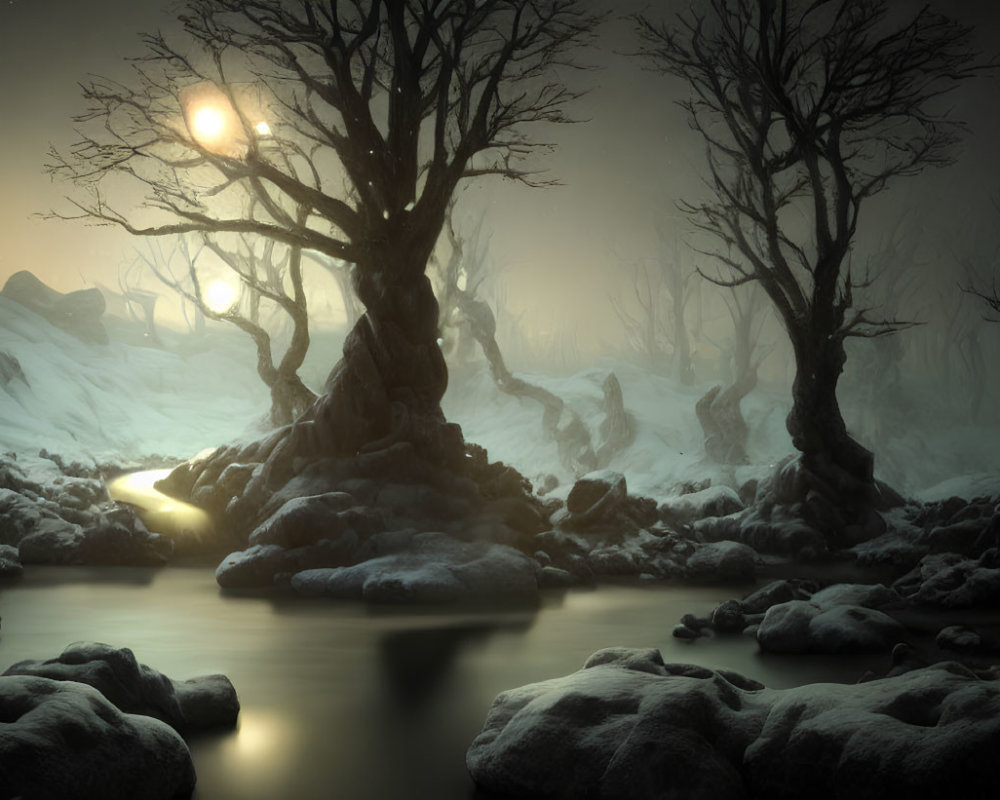 Barren trees, meandering stream, snow-covered rocks in mystical winter dusk