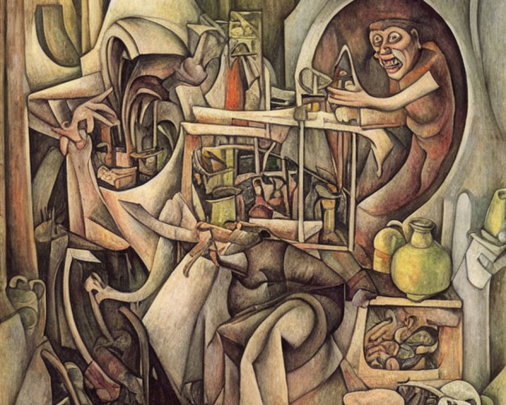 Cubist painting of chaotic workshop scene with distorted figures and machinery in earthy tones