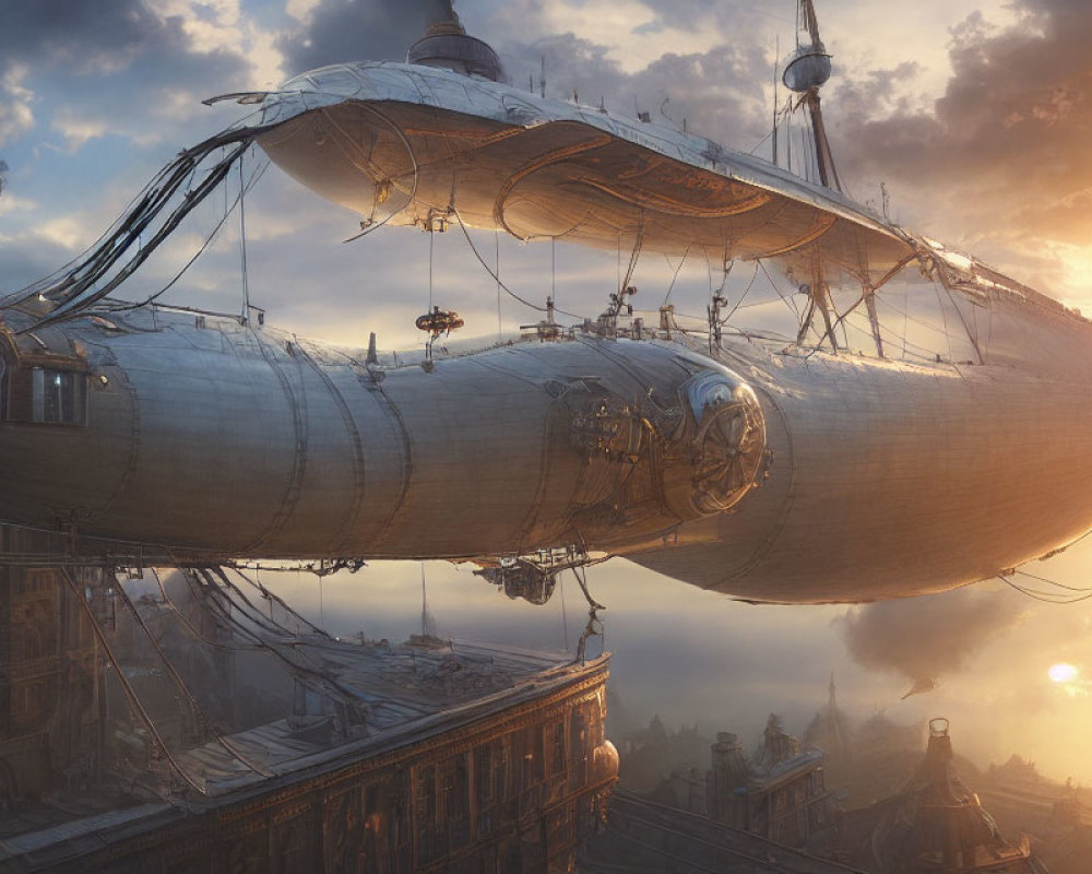 Steampunk-style airship over city at sunset