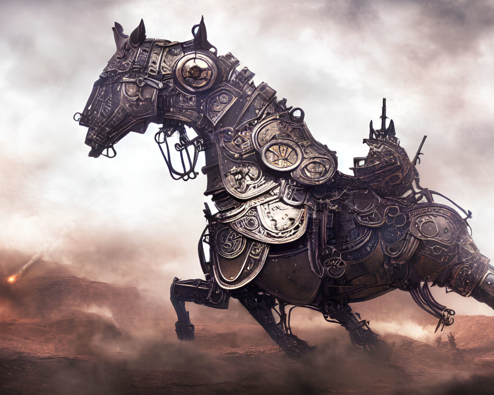 Steampunk-style mechanical horse with gears on cloudy background