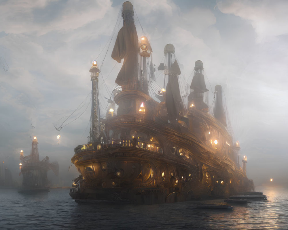 Steampunk-inspired ship with glowing lights in misty seascape
