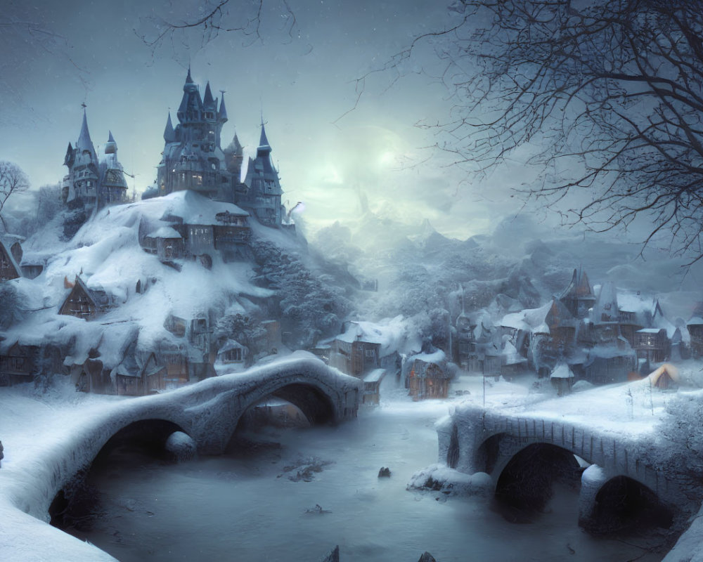 Snow-covered village with castle, stone bridge, and moonlit glow