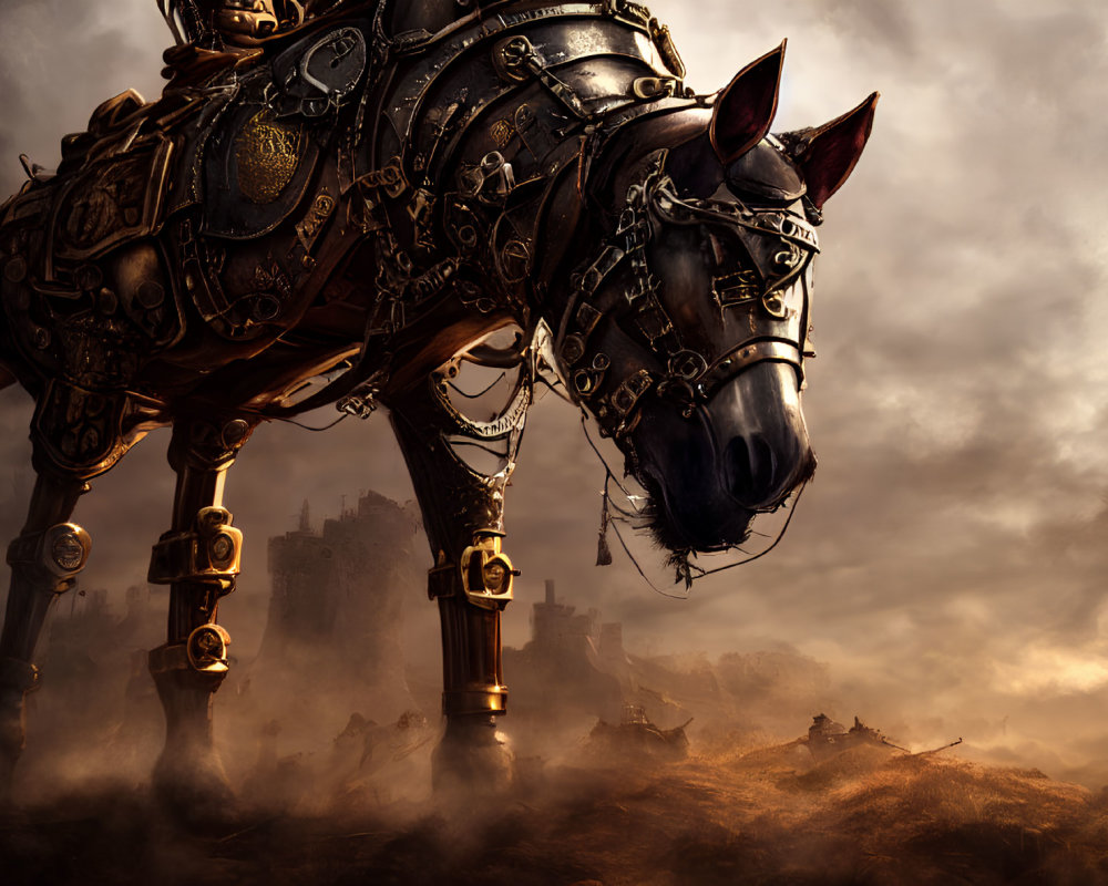 Majestic mechanical horse on misty battlefield with golden details