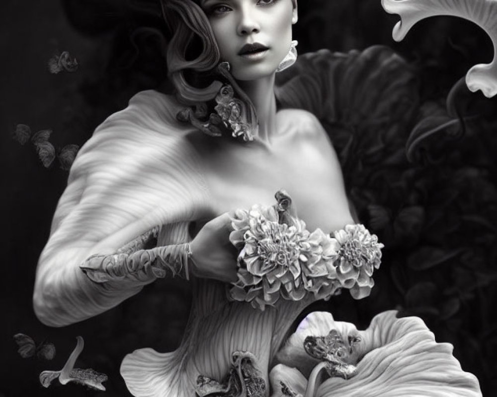 Monochrome artistic image of woman with flowing hair in fantasy scene