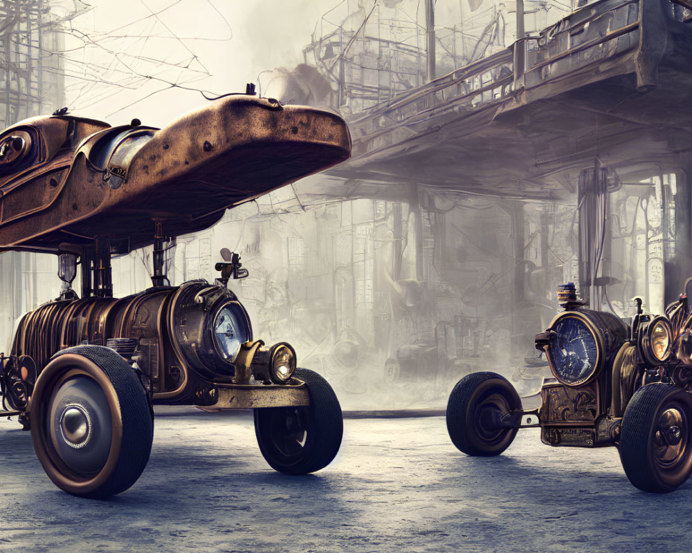 Steampunk scene with retro futuristic vehicles and industrial structures