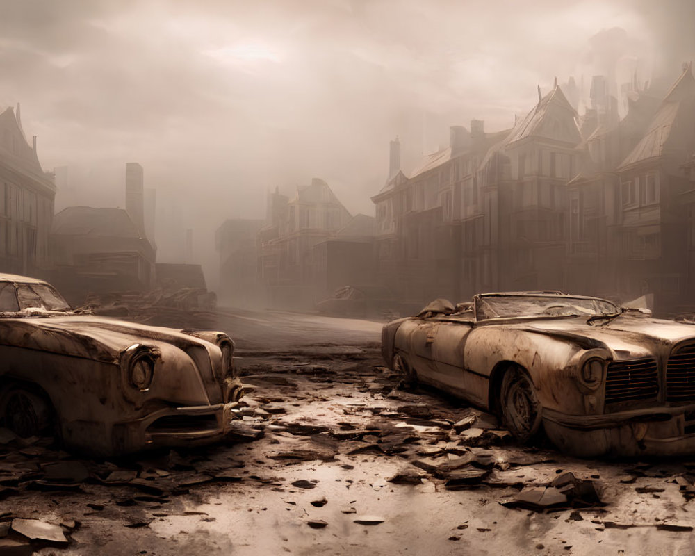 Desolate post-apocalyptic street scene with mist and crumbling buildings