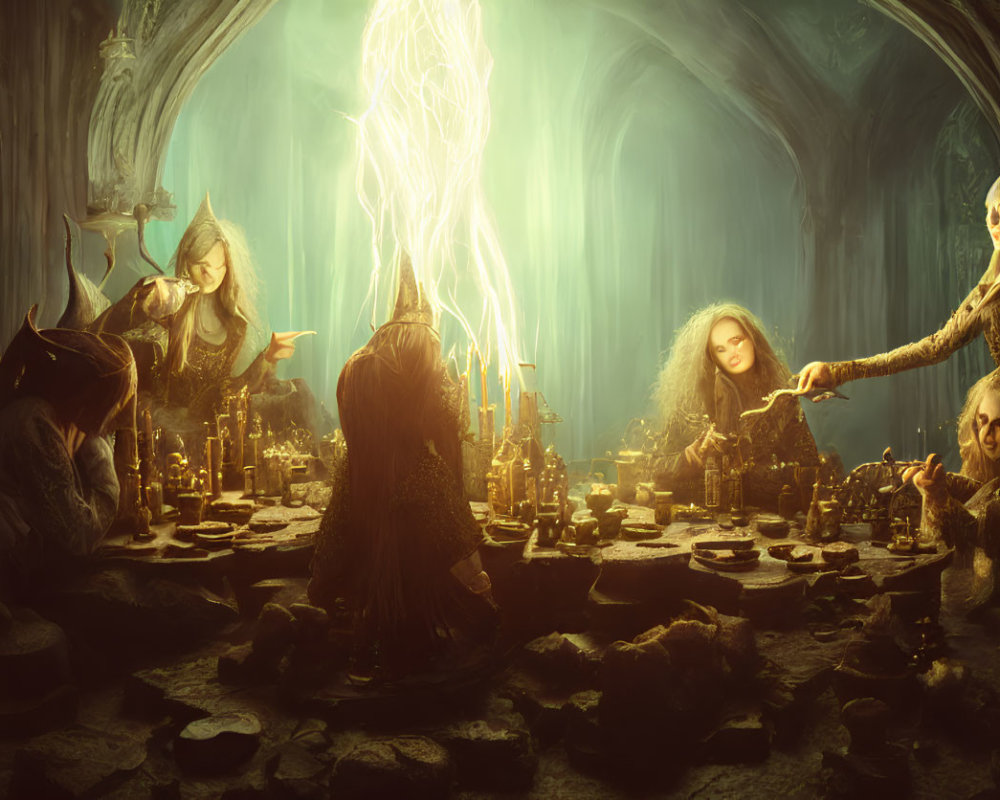 Mystical witches performing ritual in candlelit cavern