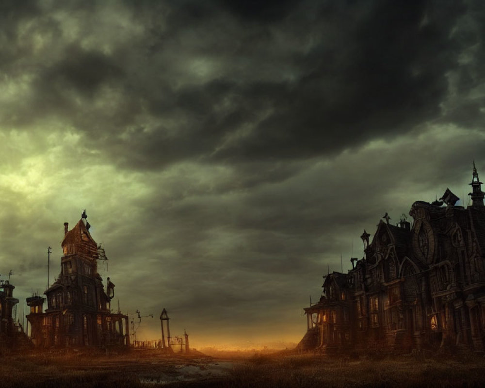 Eerie post-apocalyptic scene with dark sky and gothic houses