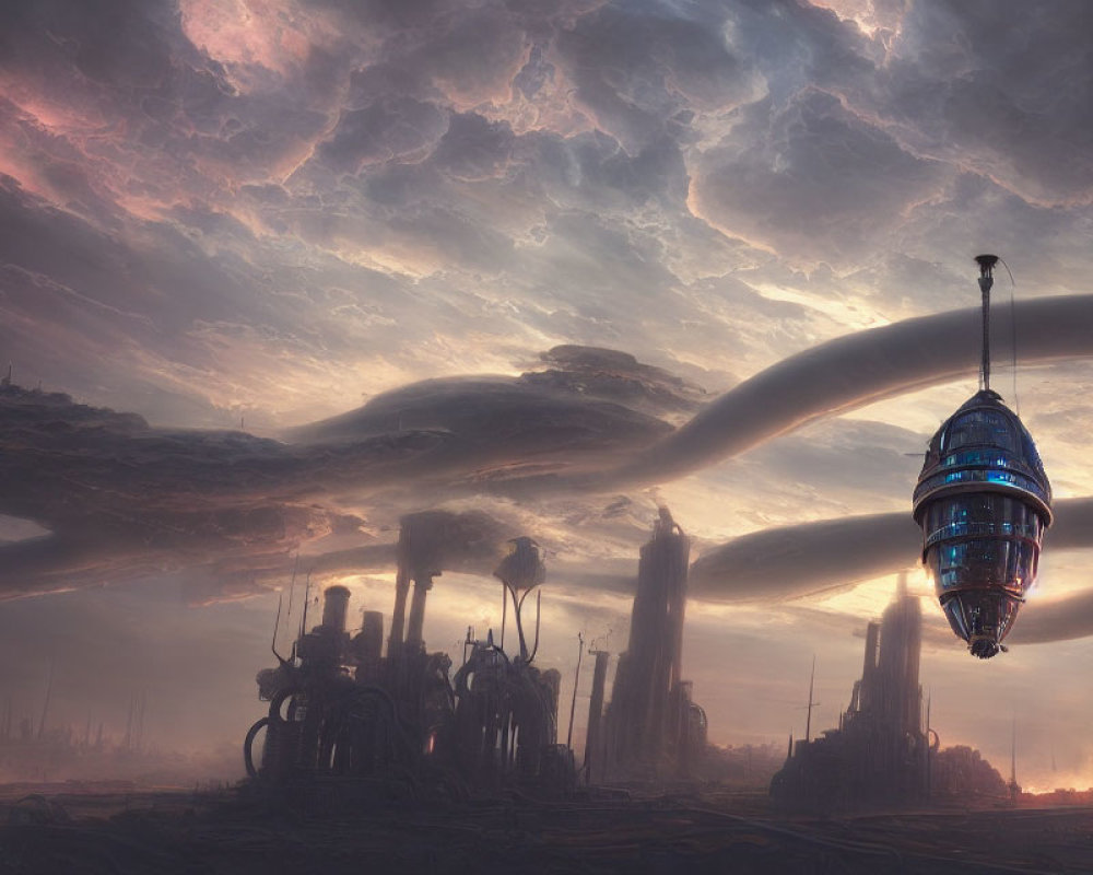 Futuristic cityscape at dusk with towering structures and hovering spacecraft