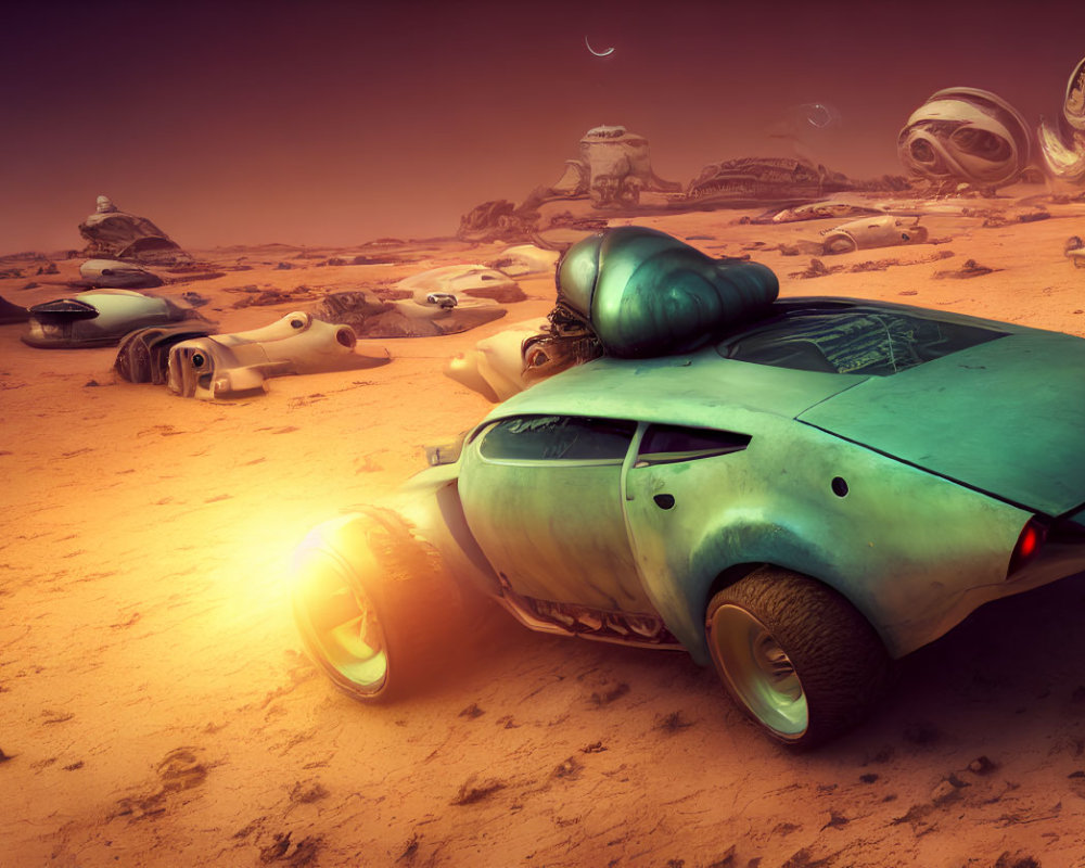 Futuristic alien vehicle and machinery on desolate Mars-like landscape