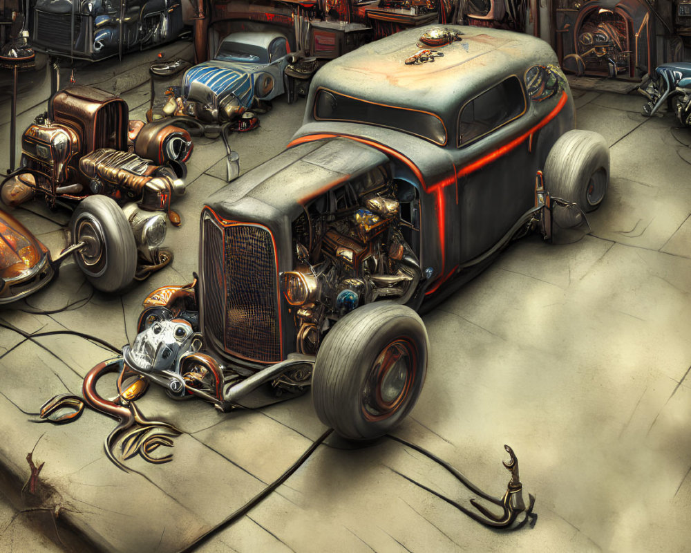 Illustrated retro-futuristic garage scene with hot rod car and engines