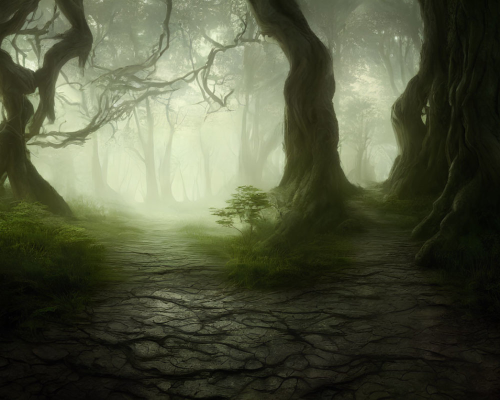 Ethereal forest with twisted trees in foggy setting