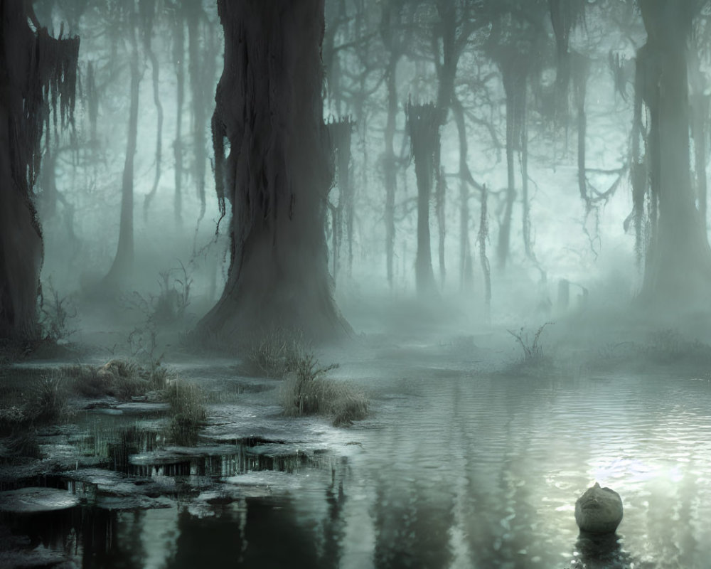 Tranquil misty swamp with moss-covered trees and a duck in serene water