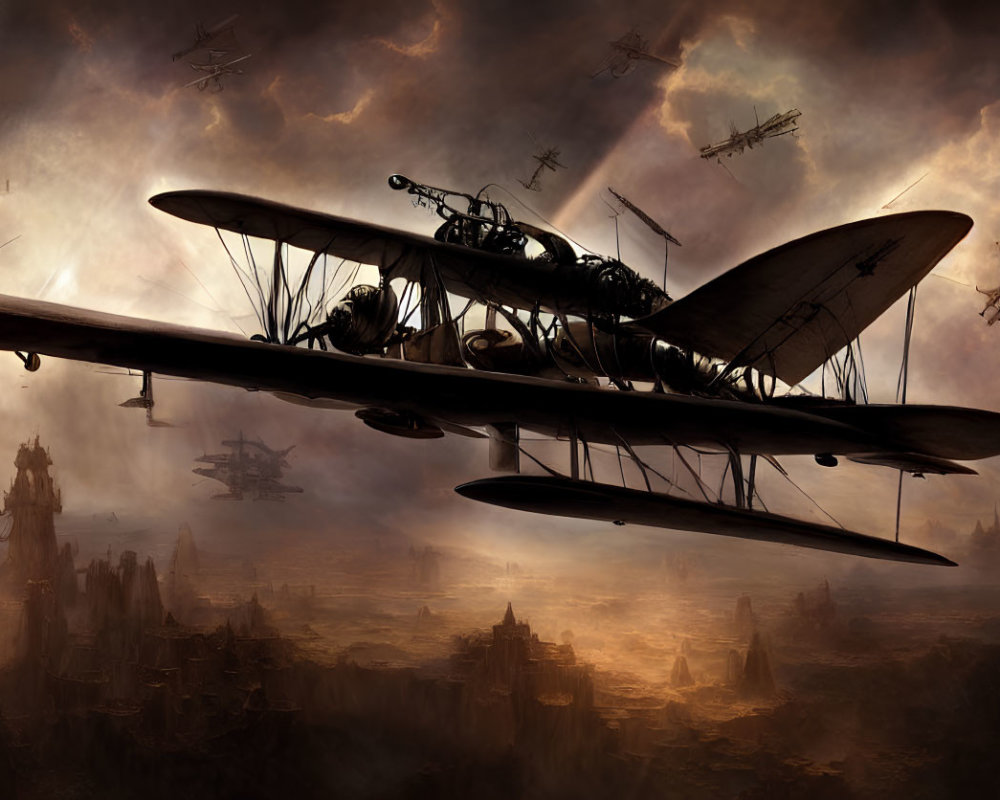 Vintage Aircrafts Flying Over Dark Steampunk Cityscape