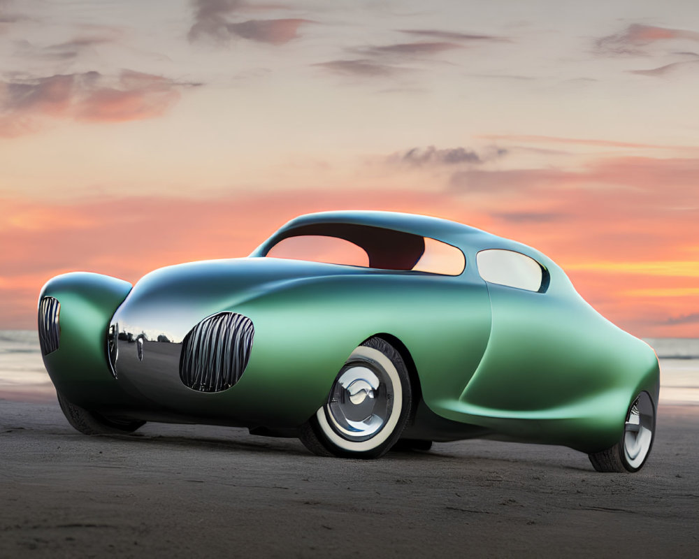 Vintage Green Car Parked on Beach at Sunset