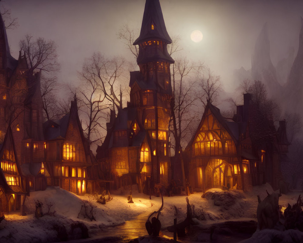 Enchanting full moon village in snowy twilight