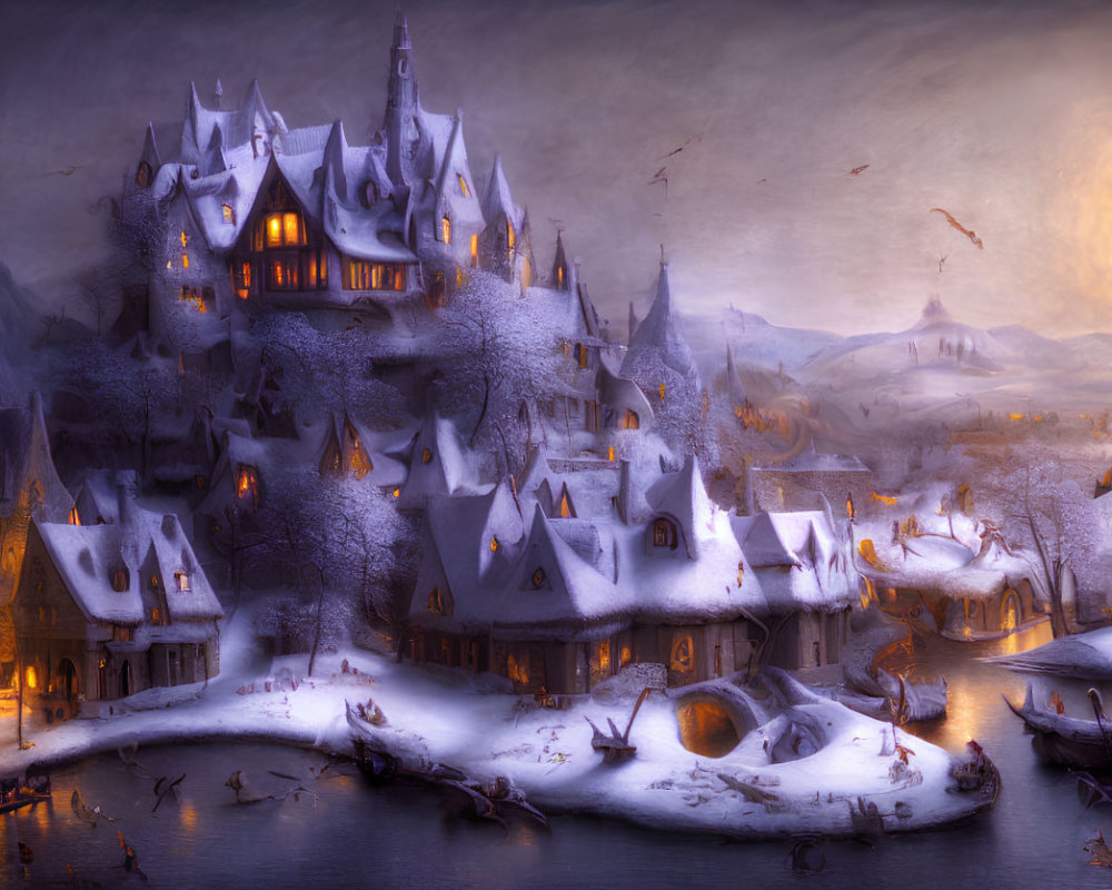 Snowy village at dusk with central castle, birds, boats on frozen river