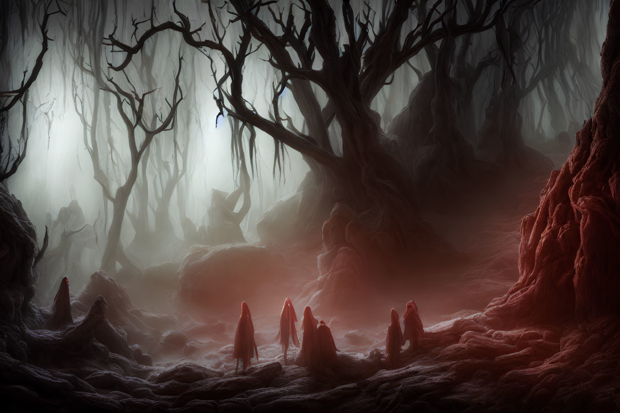 Mystical forest with gnarled trees and dark figures in foggy setting