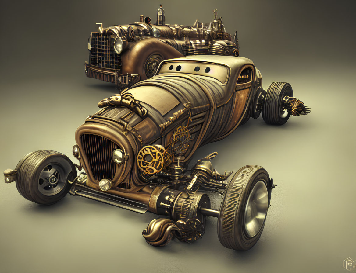 Steampunk-style hot rod with exposed engine and brass accents