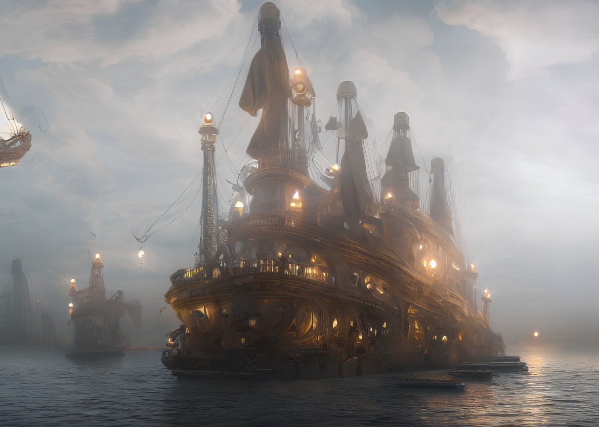 Steampunk-inspired ship with glowing lights in misty seascape
