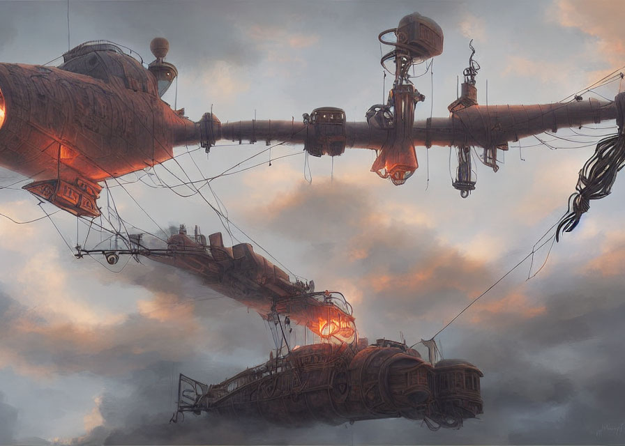 Fantastical steampunk airship with multiple gondolas in dramatic cloudy sky