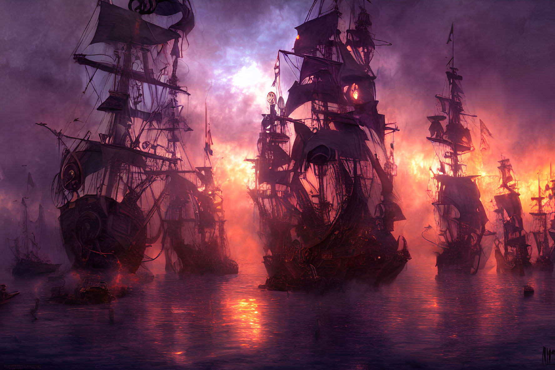 Tall ships in naval battle with fiery explosions at dusk