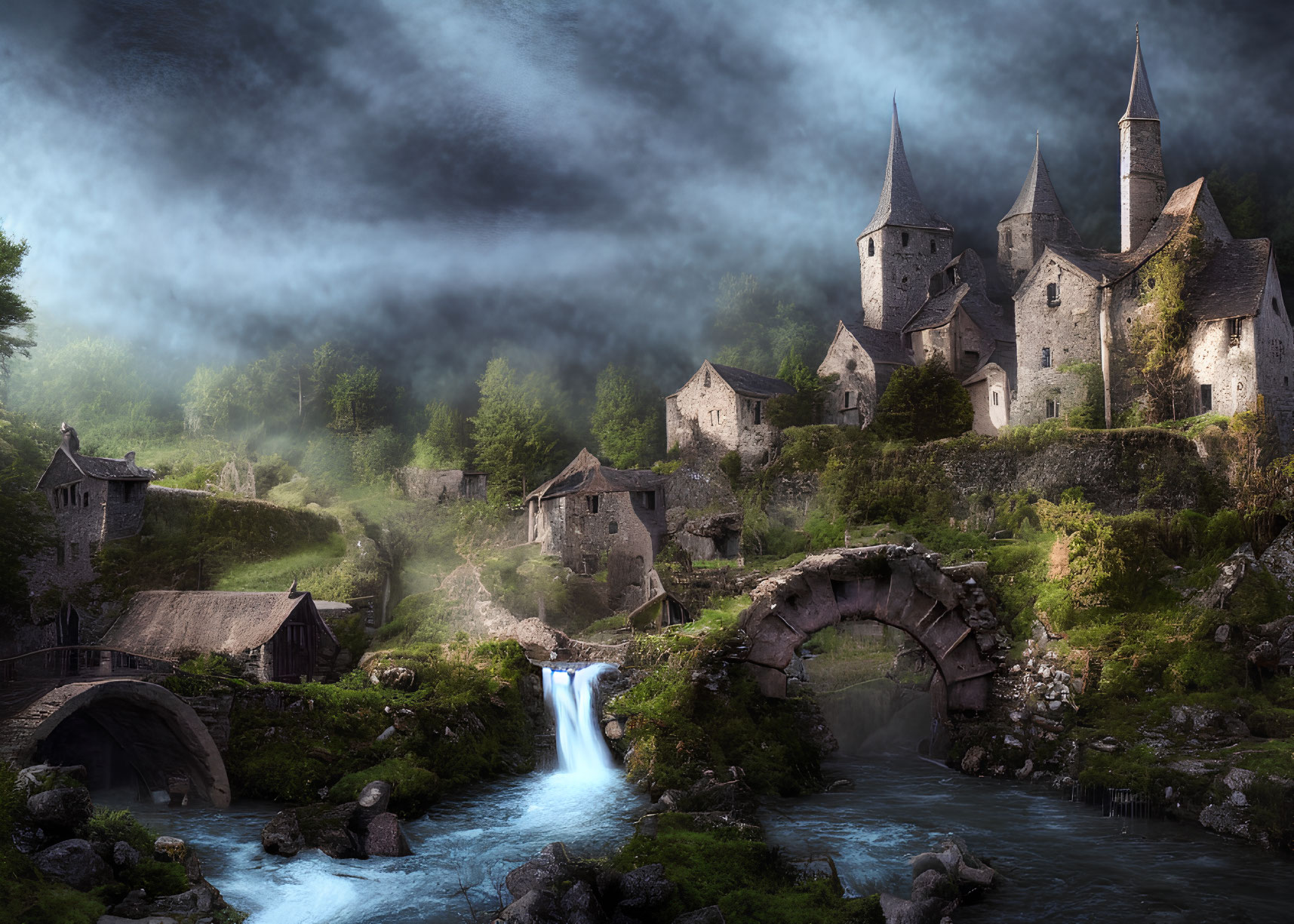 Medieval village with stone houses, castle, and waterfall under cloudy sky