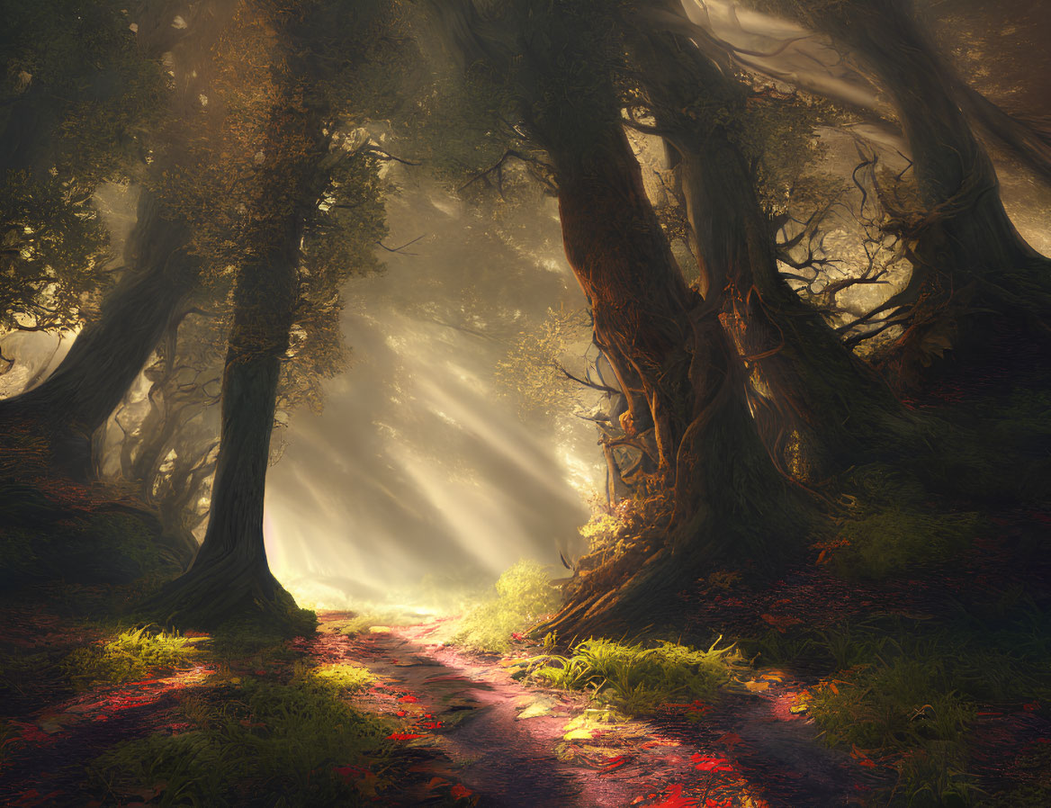 Ethereal forest with ancient trees and golden sunlight
