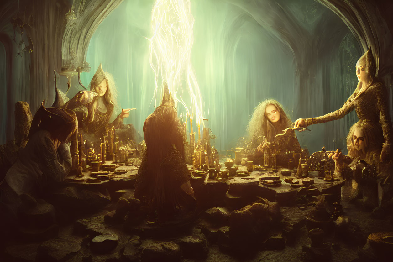 Mystical witches performing ritual in candlelit cavern