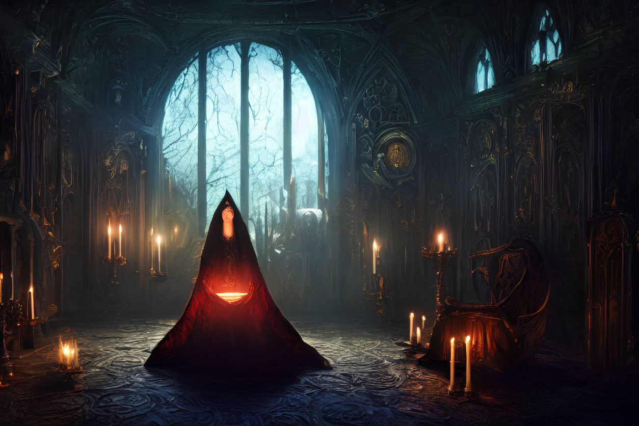 Mysterious cloaked figure in gothic chamber with forest view