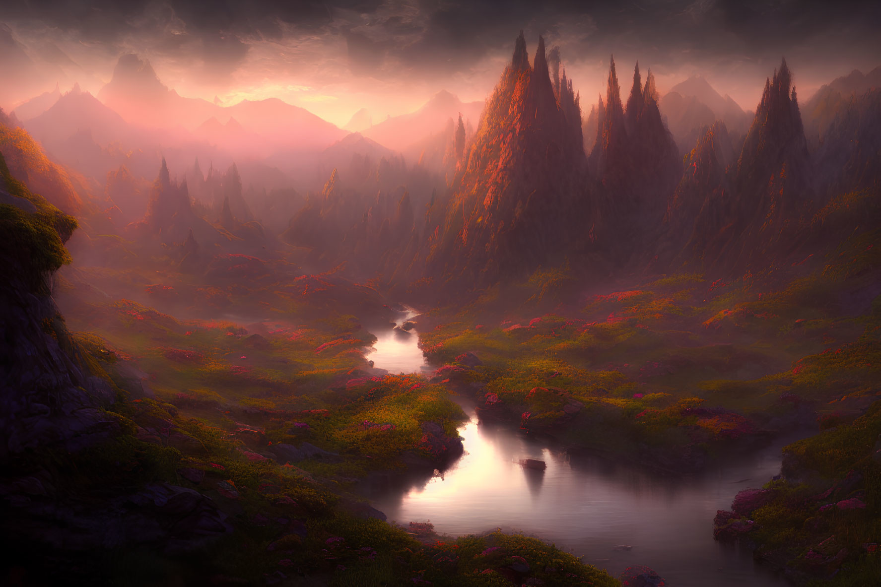Vibrant pink and orange sunset over mystical landscape with spire-like mountains, winding river, and