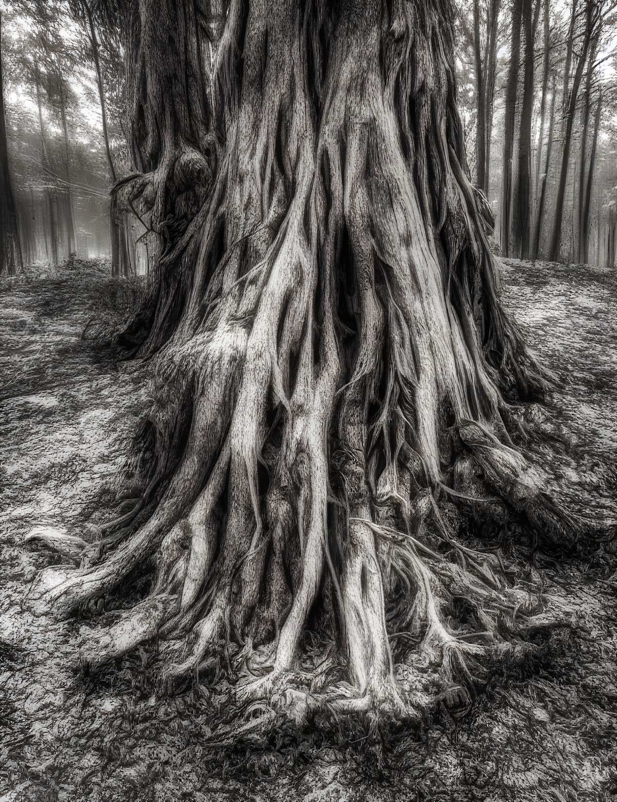 Monochromatic image of massive tree roots in foggy forest
