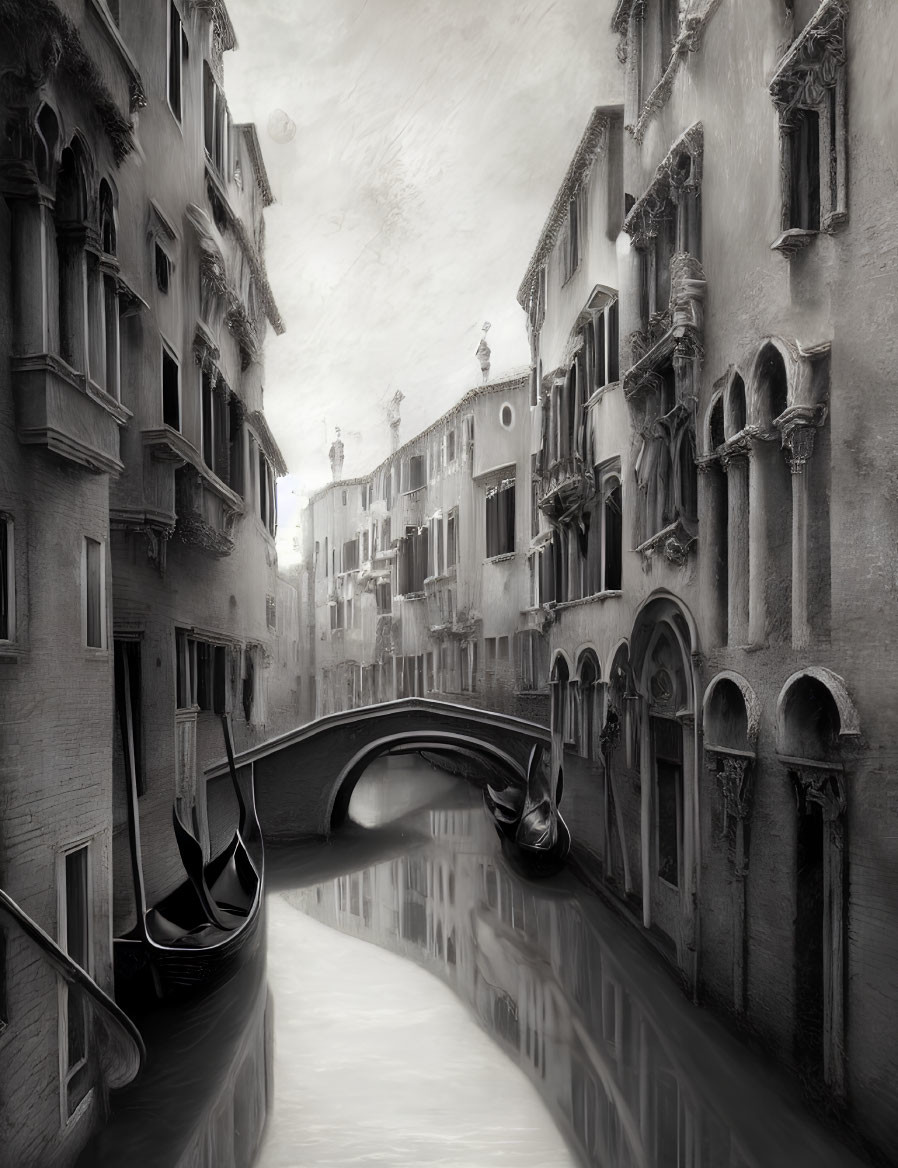 Monochrome image of serene Venetian canal with gondolas and old buildings
