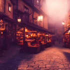 Medieval mob with torches and pitchforks in foggy cobblestone square