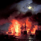 Historic naval battle scene with tall ships under stormy sky